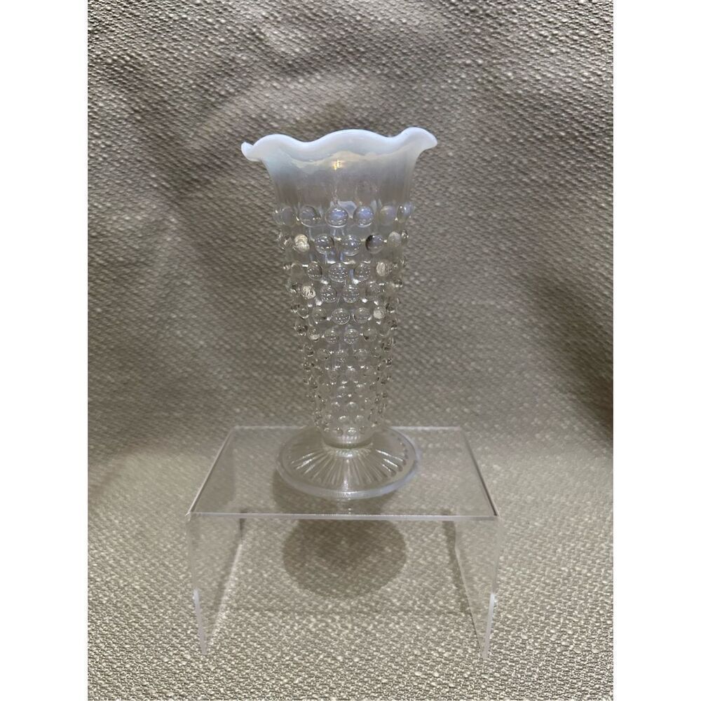 Vintage Anchor Hocking Moonstone Hobnail Glass Vase 5.5" White Opalescent Ruffle